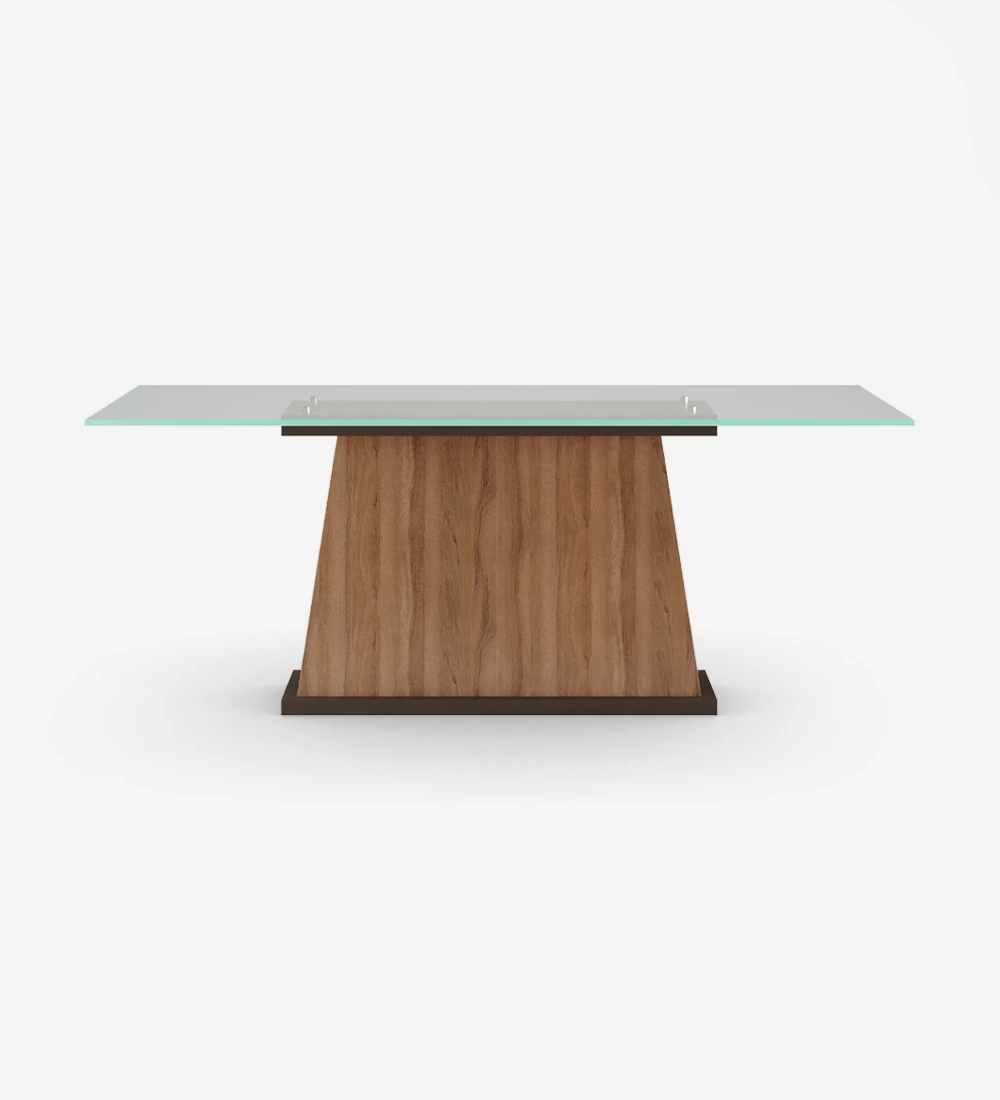 Rectangular dining table with glass top, walnut central foot and dark brown lacquered base.