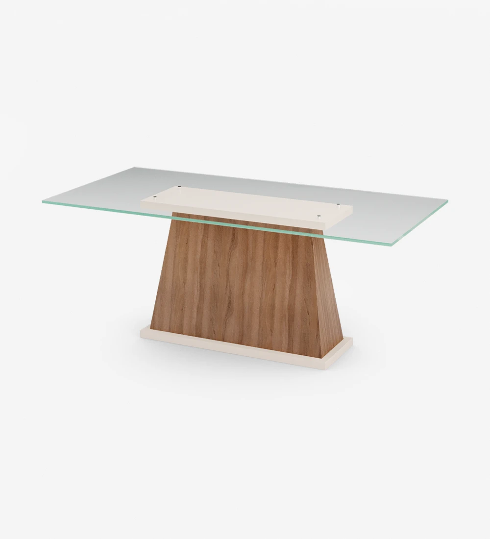 Rectangular dining table with glass top, walnut central foot and pearl lacquered base.