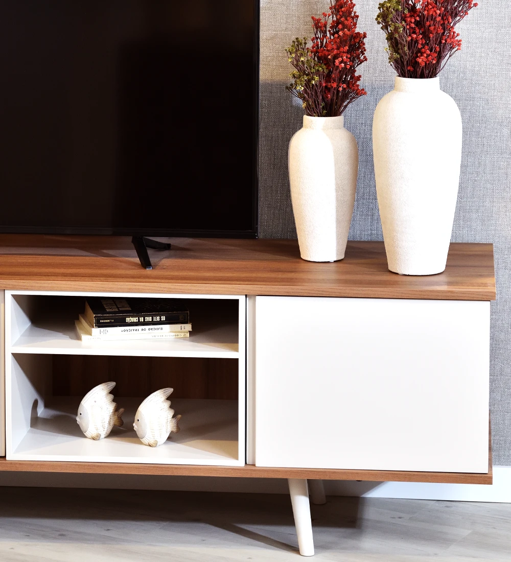 TV stand with 3 doors, module and pearl lacquered legs, walnut structure.