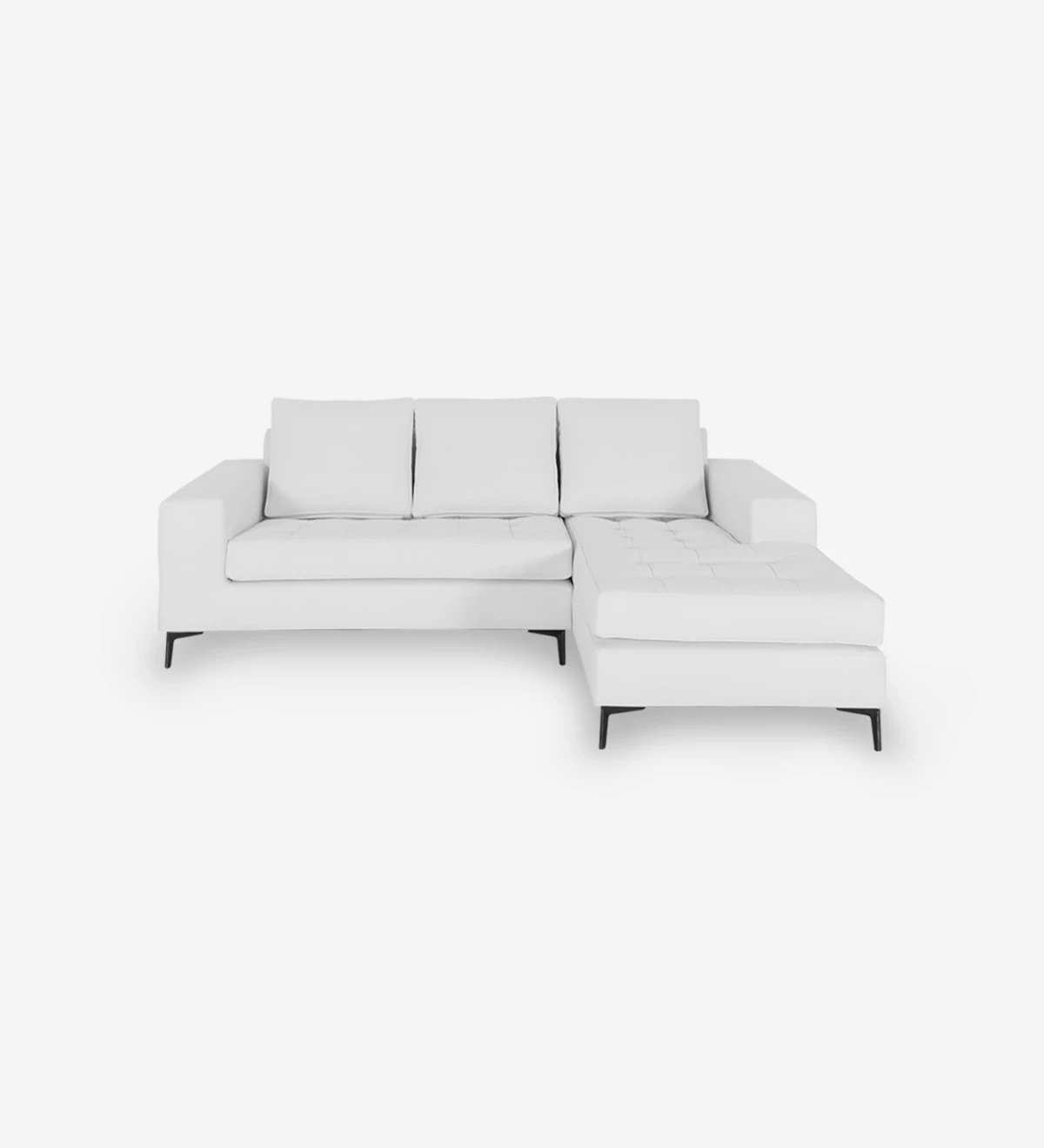 Sofá de 2 plazas con chaise longue, tapizado en ecopiel blanca, con pies de metal lacado en negro.