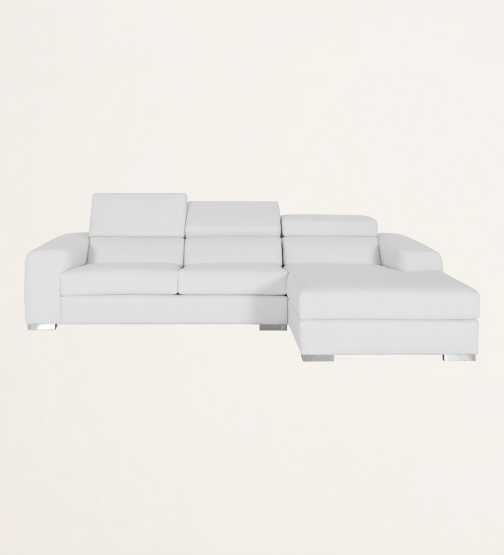 2 seater sofa with chaise longue, upholstered in white eco-leather, with reclining headrests.
