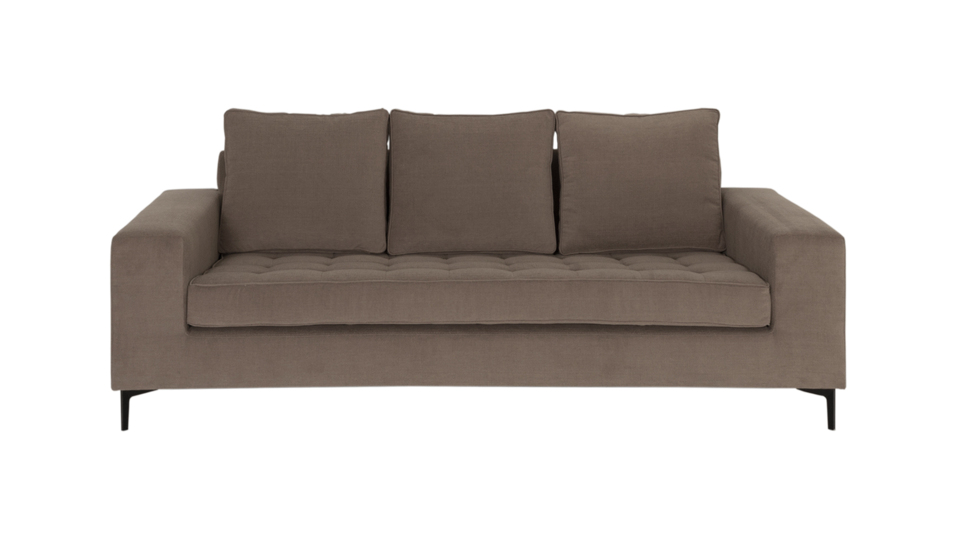 Sofá Barcelona 3 lugares, estofado em tecido, pés metálicos pretos