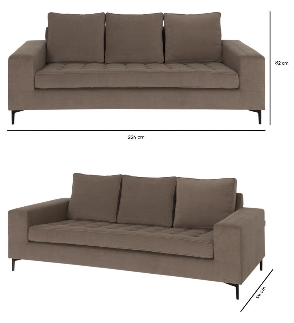 Sofá Barcelona 3 lugares, estofado em tecido, pés metálicos pretos