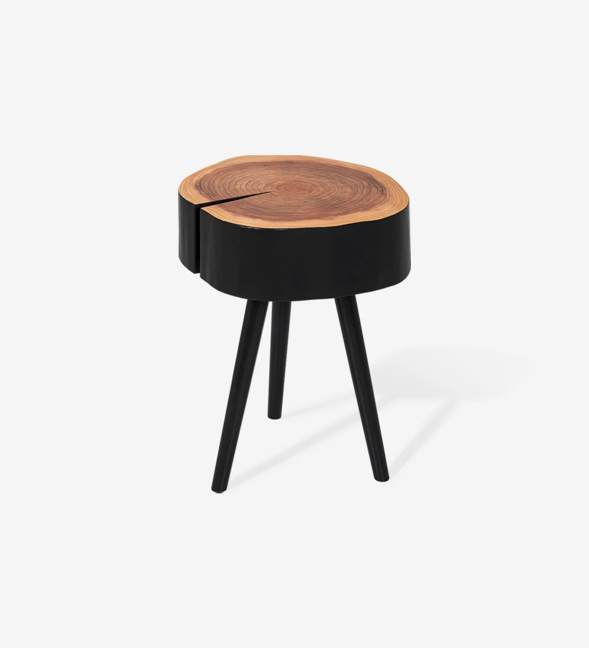 Trunk side table in natural cryptomeria wood lacquered in black, with 3 turned legs lacquered in black.