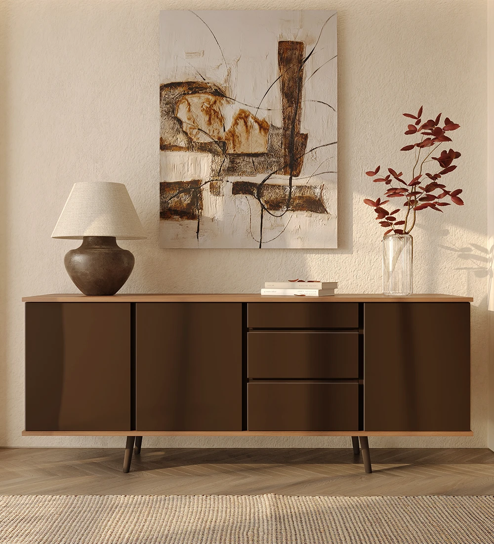 Sideboard with 3 doors, 3 drawers and dark brown lacquered legs, walnut structure.