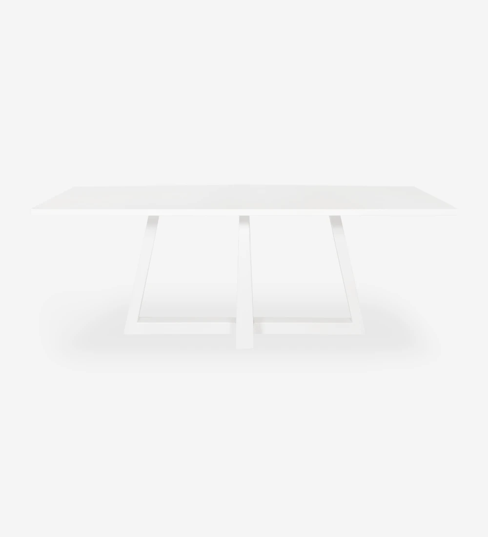 Rectangular dining table with white oak top and white lacquered center foot.