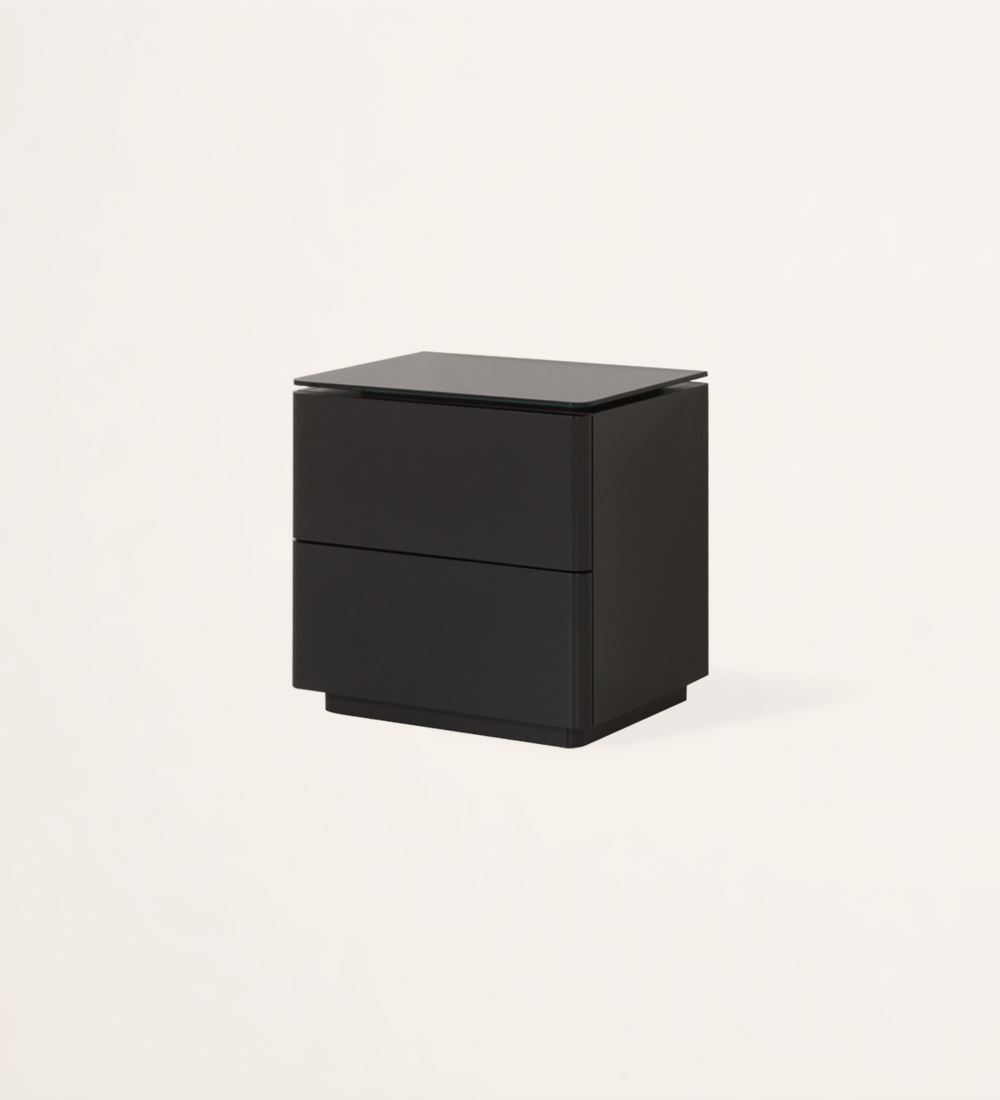 Bedside Table with 2 black laquered drawers and black glass top.