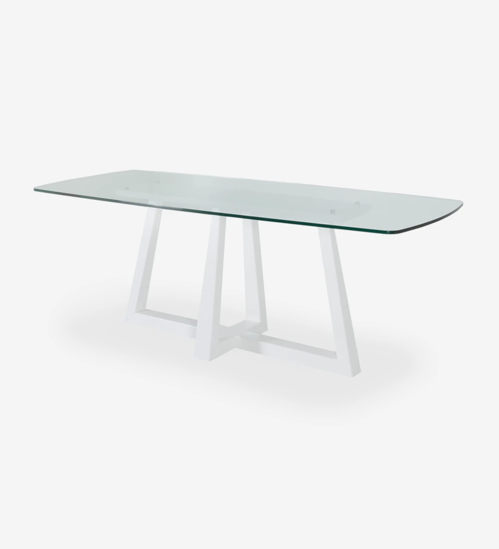 Rectangular dining table with glass top and pearl lacquered center foot.