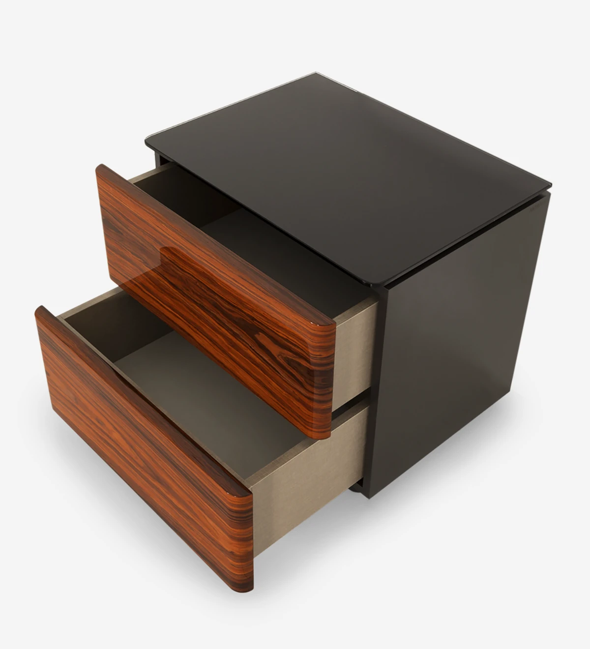 Bedside table with 2 drawers in high gloss palissander, black lacquered frame and black glass top.