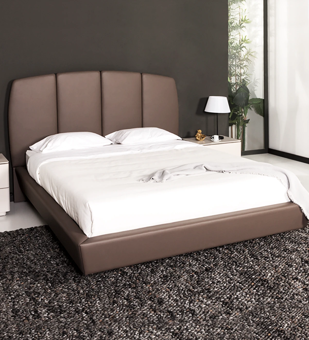 Eco-Leather upholstered double bed with hanging backboard.