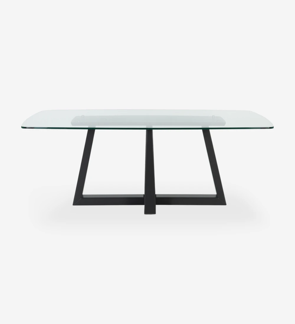 Rectangular dining table with glass top and black lacquered center foot.