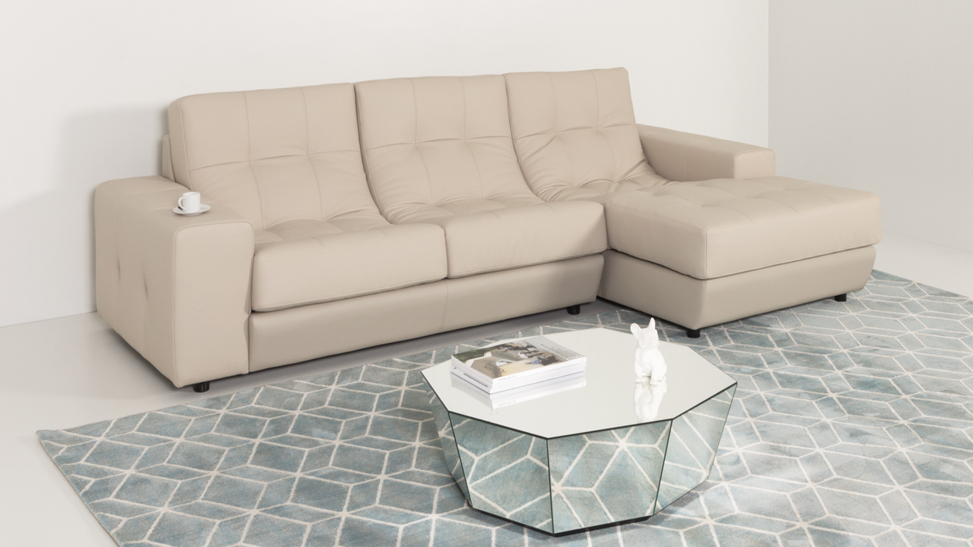 Sofá Com Chaise Longue Londres 2 lugares, estofado a ecopele beige