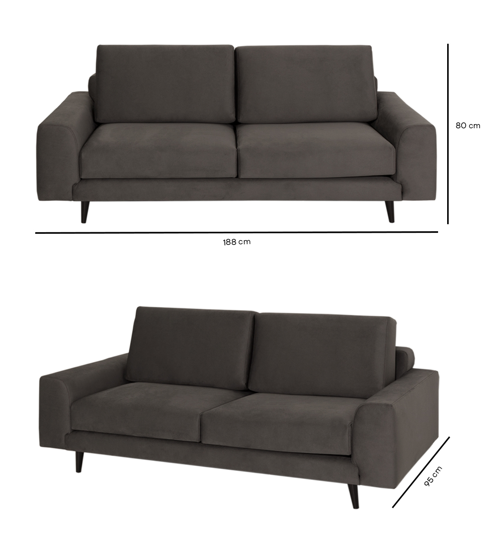 Sofá Oslo 2 lugares, estofado a tecido, pés em lacado castanho escuro