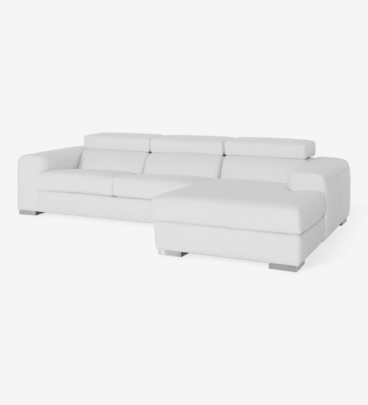 2 seater sofa with chaise longue, upholstered in white eco-leather, with reclining headrests.