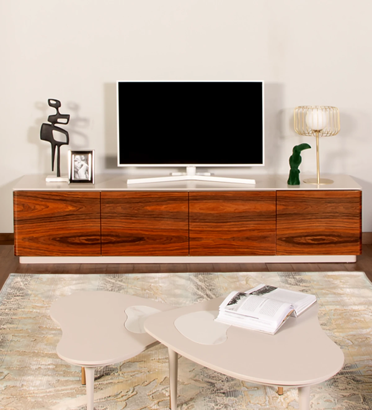 Mueble TV con 4 puertas en palisandro alto brillo, encimera de madera y estructura lacada perla