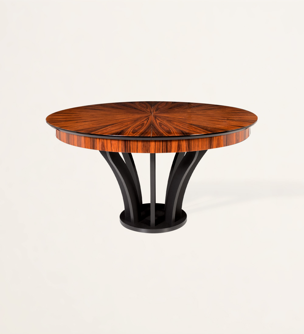 Mesa de comedor redonda extensible con tablero en palisandro alto brillo y pie lacado en negro.