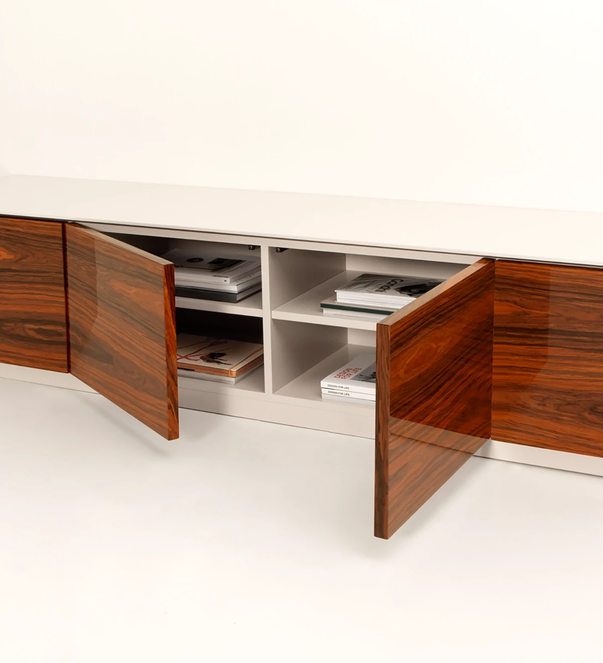 TV Stand with 4 doors in high gloss palissander, wood top and pearl lacquered structure