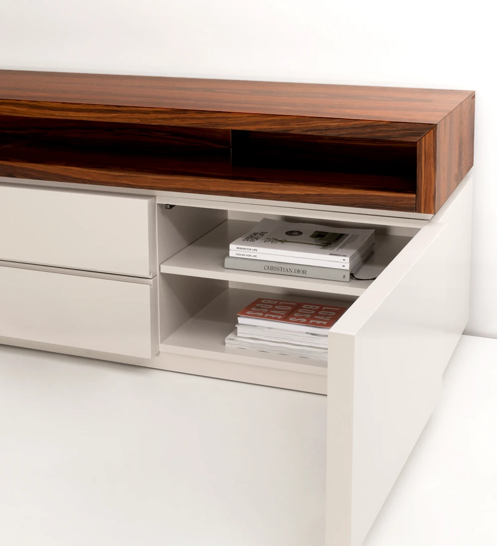 TV Stand with structure lacquered in pearl and top module in high gloss palissander