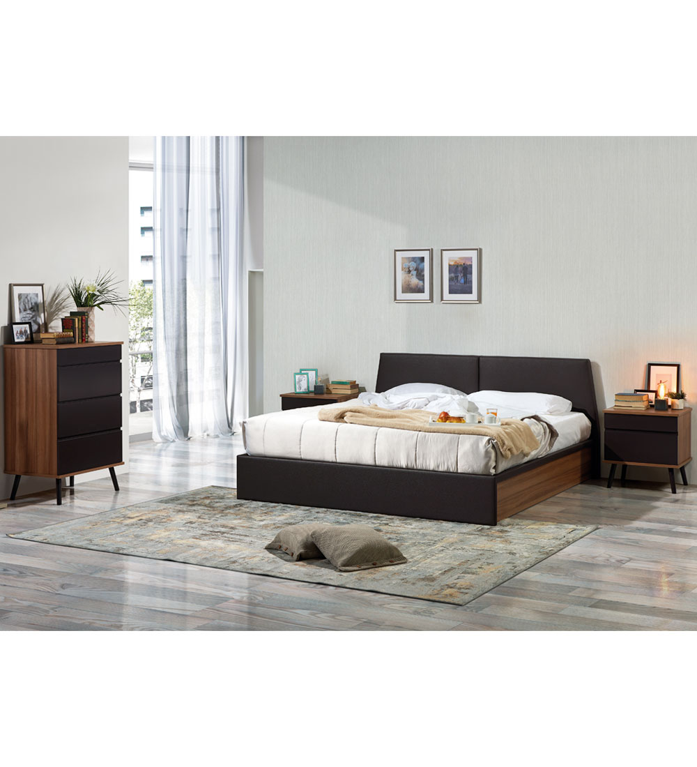 Double bed with headboard and footboard upholstered in dark brown eco-leather, walnut sides.