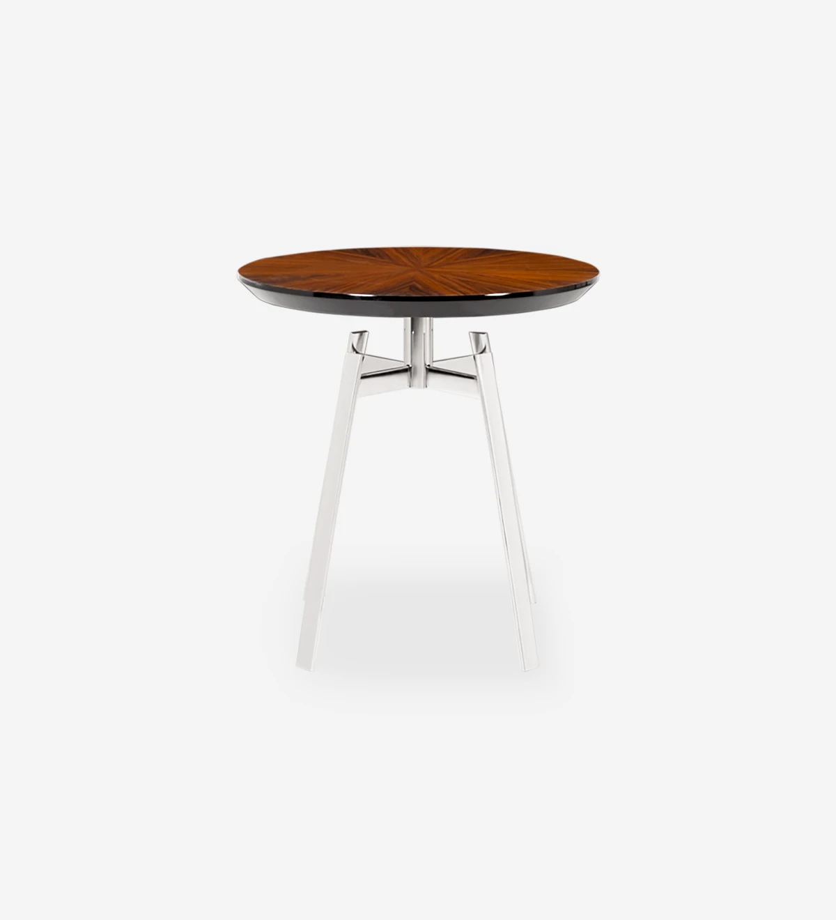 Round side table, with high-gloss palissander top and stainless steel foot.