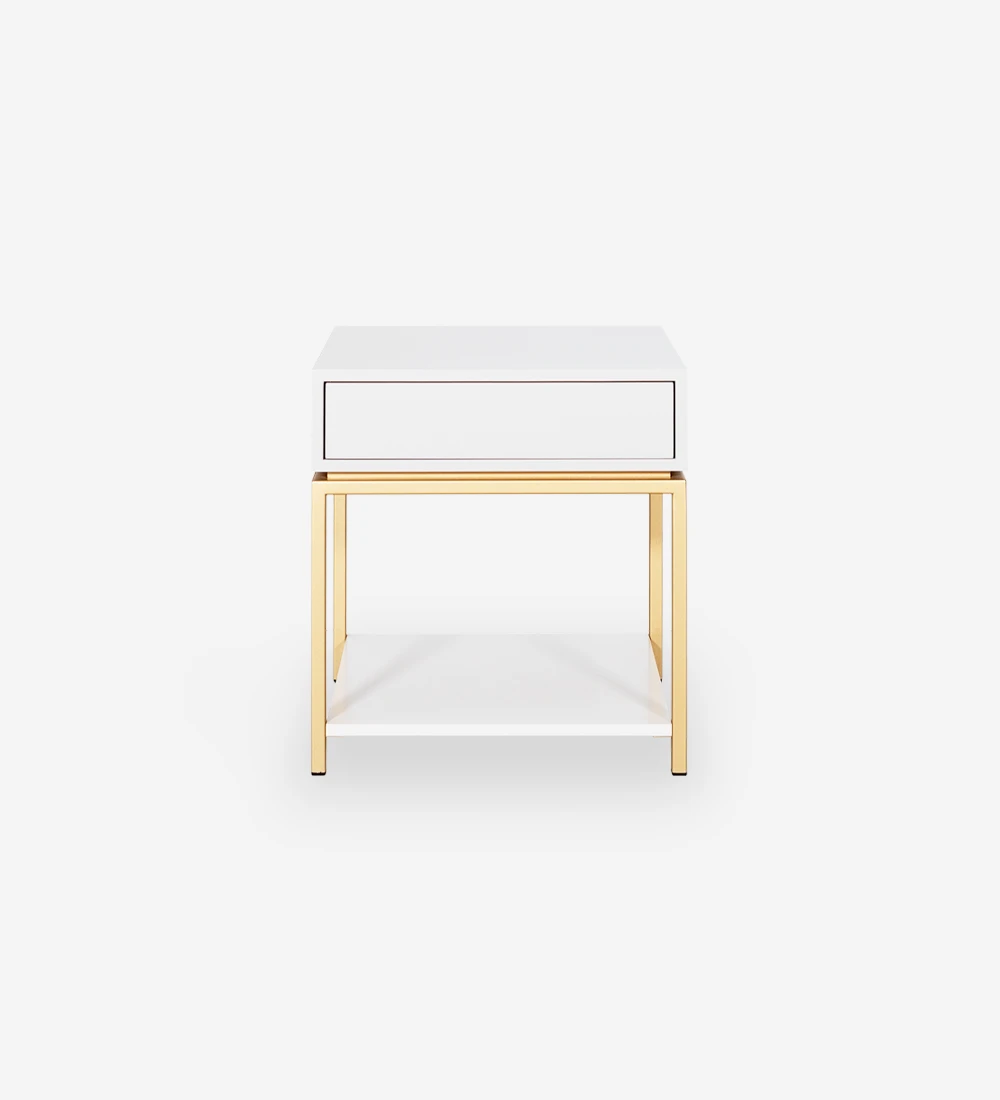 Bedside table with 1 drawer, pearl lacquered frame, with gold lacquered metal foot.
