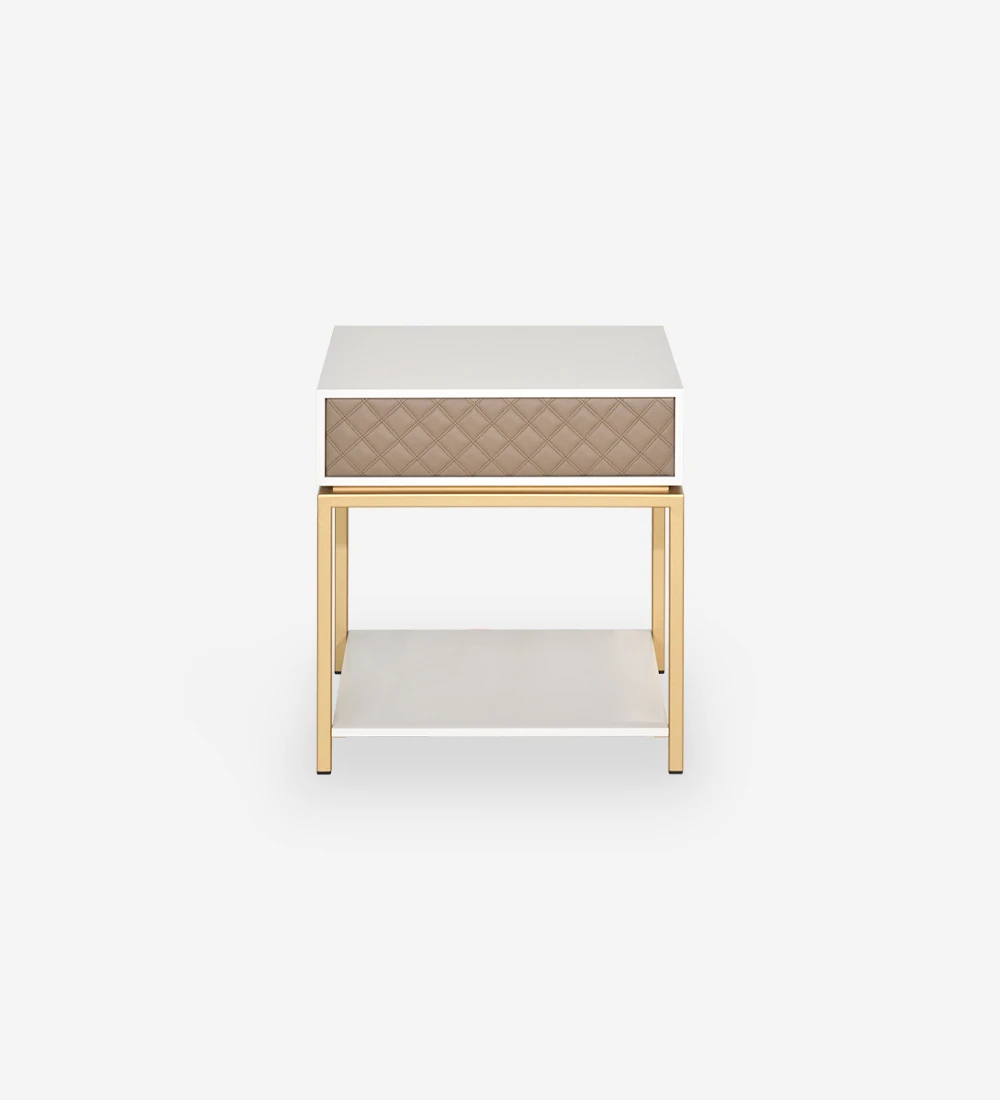 Bedside table with 1 drawer with fabric upholstered front, pearl lacquered frame, with gold lacquered metal foot.