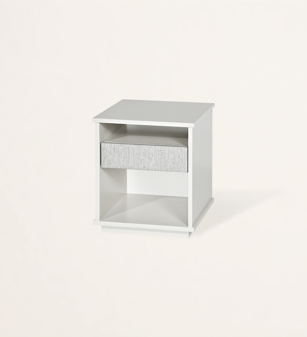 Bedside table with 1 drawer with fabric upholstered front, pearl lacquered frame.