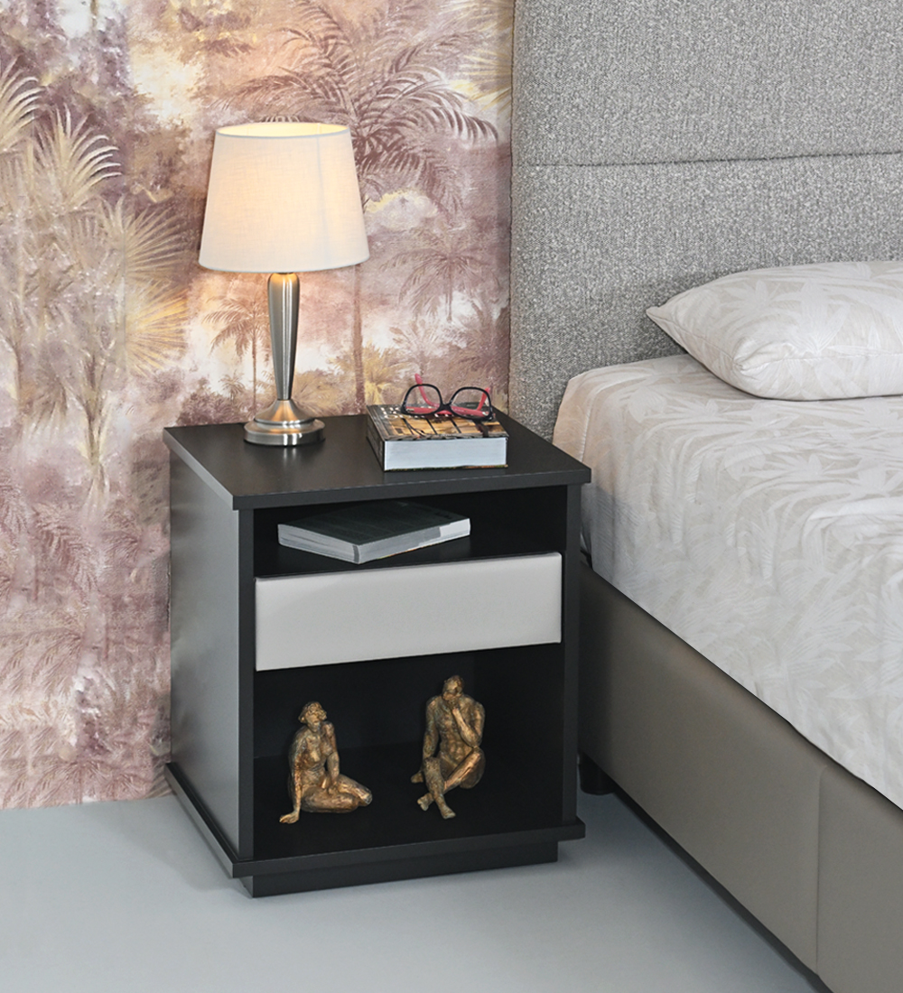 Bedside table with 1 drawer with eco-leather upholstered front, black lacquered frame.
