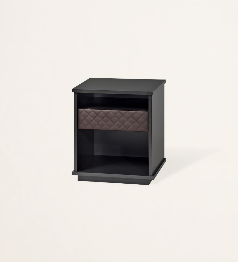 Bedside table with 1 drawer with fabric upholstered front, black lacquered frame.