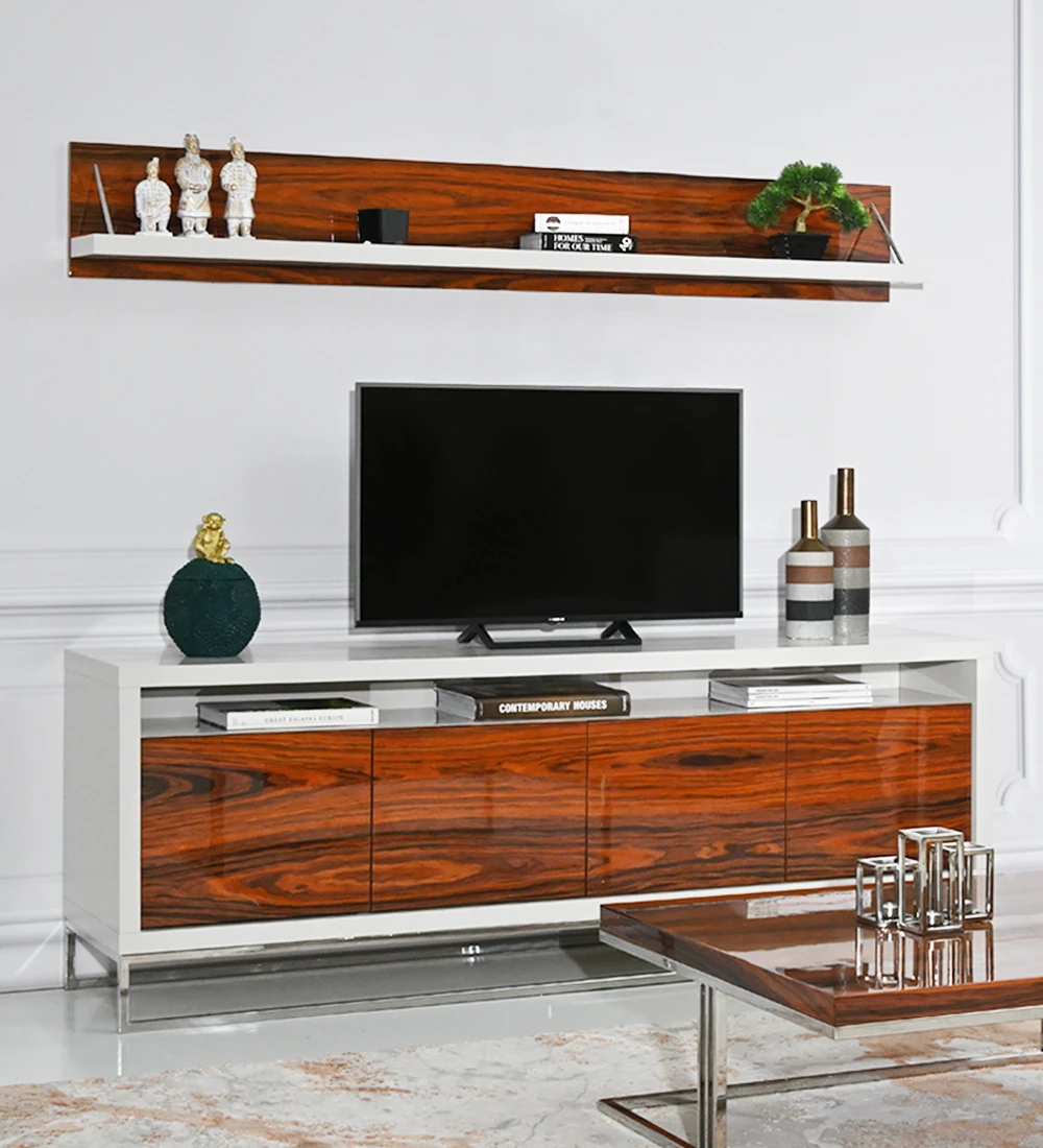 TV Stand with structure lacquered in pearl, doors in high gloss palissander, stainless foot