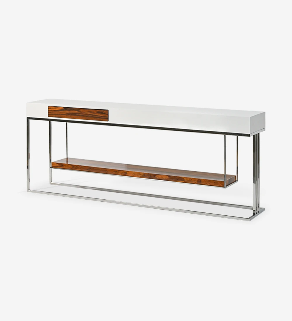Double-sided console, with drawer in each side and shelf in high gloss palissander, pearl lacquered structure and stainless steel foot.