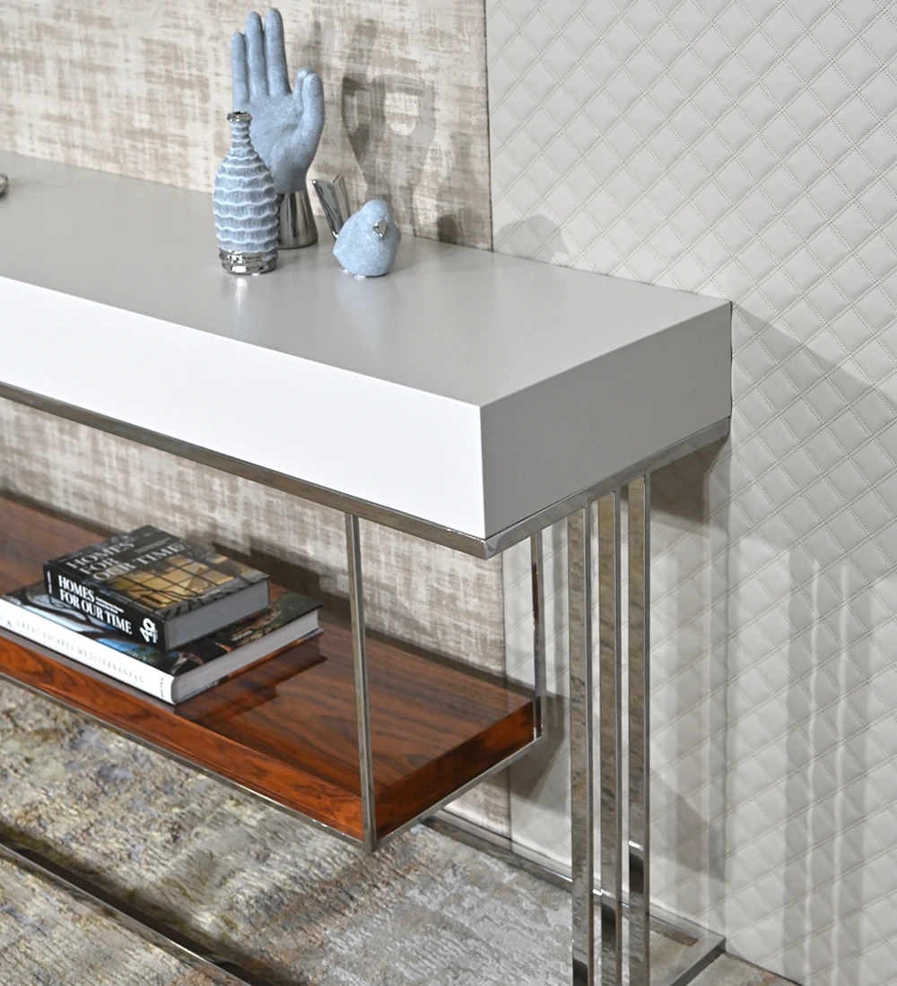 Double-sided console, with drawer in each side and shelf in high gloss palissander, pearl lacquered structure and stainless steel foot.