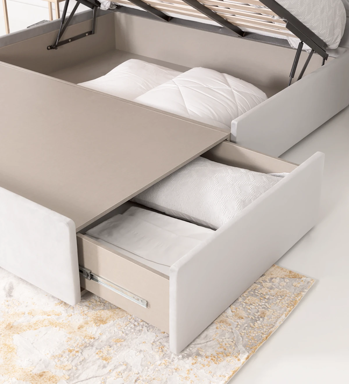 Double sommier upholstered in fabric, with lift-up bed and 2 drawers for storage.