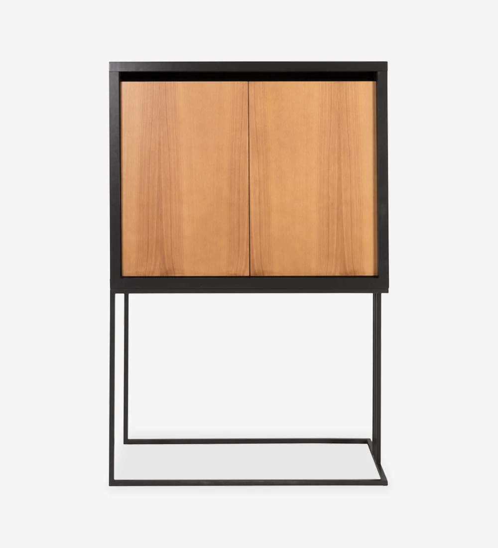 Honey oak cupboard with 2 doors, black lacquered structure, with mirror detail and black lacquered metal foot.