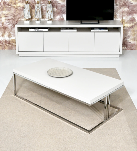 Rectangular center table with pearl lacquered top and stainless steel foot