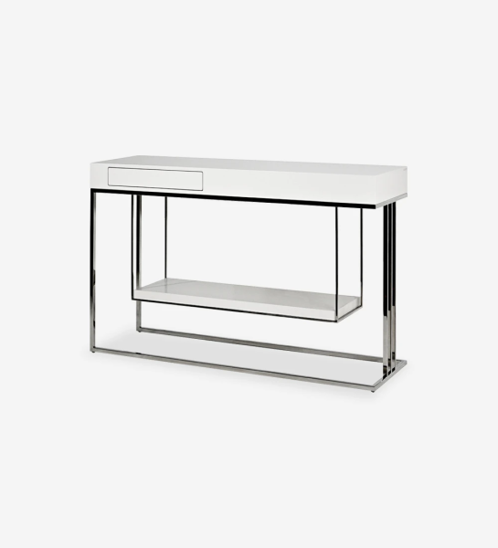 Console with 1 drawer, shelf and frame lacquered in pearl, with stainless steel foot.