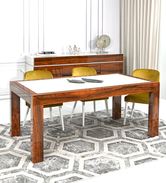 Rectangular extendable dining table with pearl glass top and high gloss palissander frame.