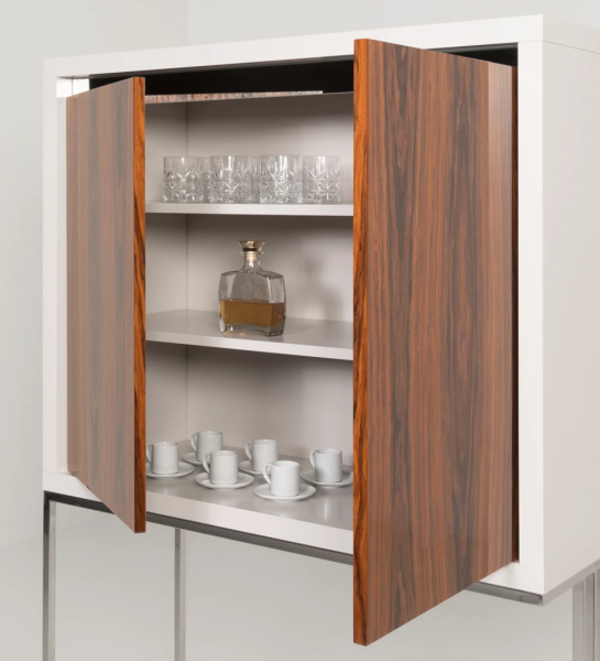Cupboard with 2 doors in high gloss palissander, pearl lacquered structure, with mirror detail and stainless steel foot.