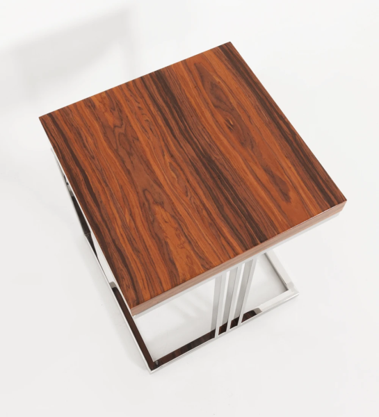 Table d'Appui carrée avec plateau en palissandre brillant et pied en acier inoxydable