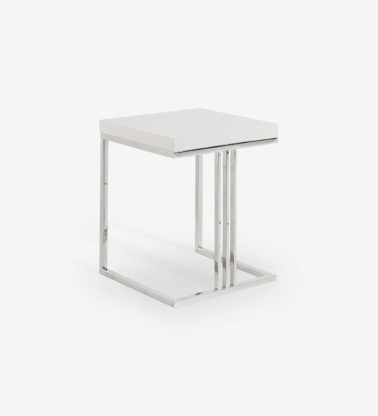 Table d'Appui carrée avec plateau laqué perle et pied en acier inoxydable