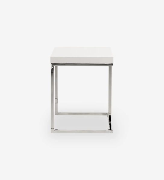 Table d'Appui carrée avec plateau laqué perle et pied en acier inoxydable