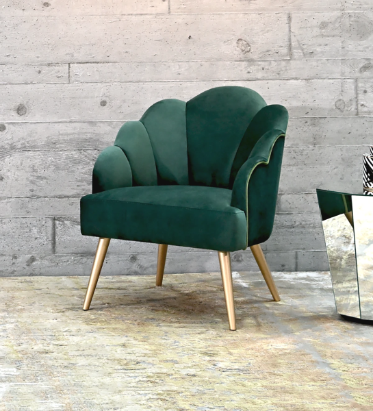 Armchair upholstered in fabric, with gold lacquered feet.