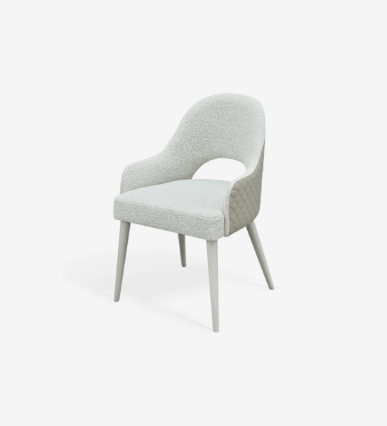 Chair with arms, upholstered in fabric, pearl lacquered feet.
