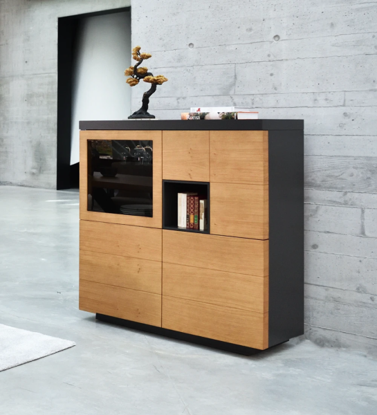 Honey oak cupboard with 4 doors, black lacquered frame and module.