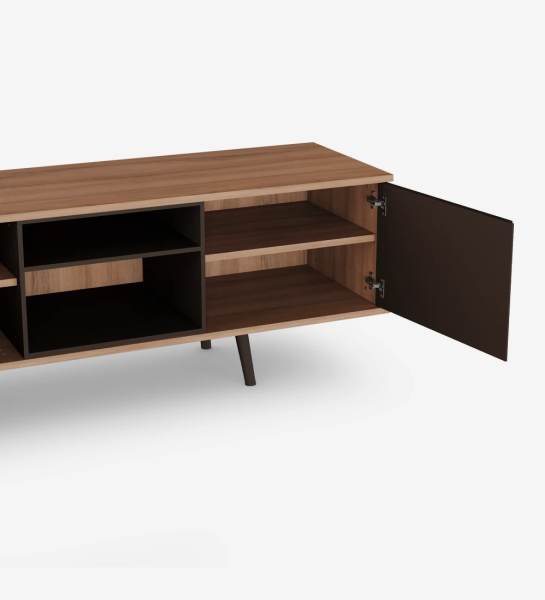 TV stand with 3 doors, module and feet lacquered in dark brown, walnut structure.