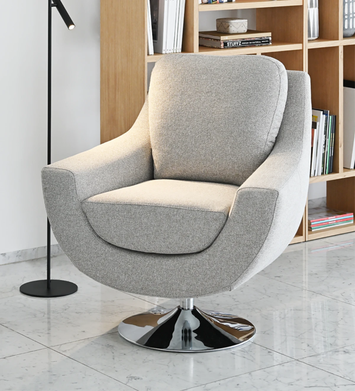 Paris swivel armchair, upholstered in light gray fabric, metal base.