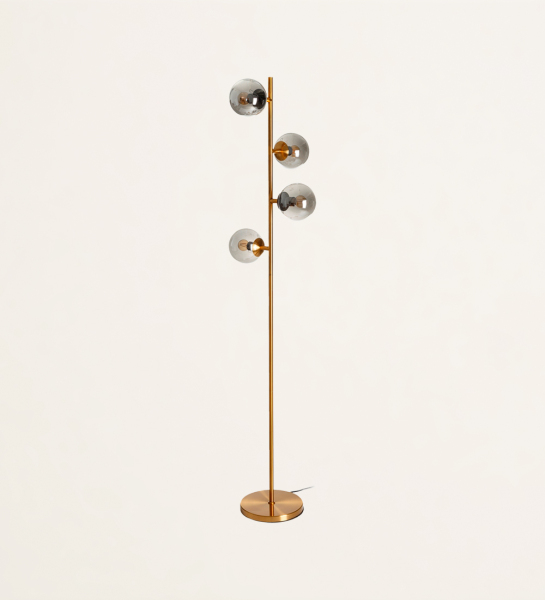 Floor lamp in gold metal and gray glass