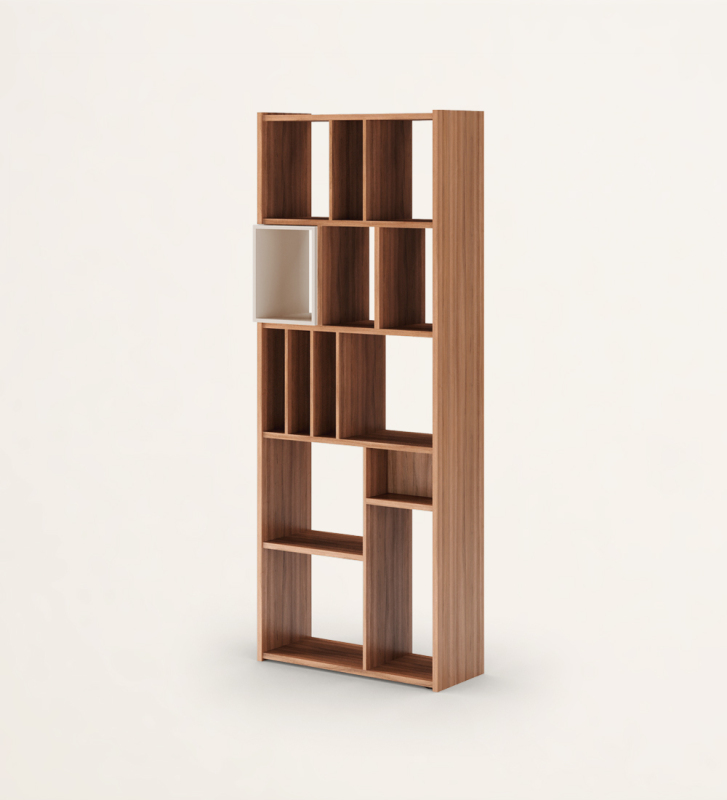 Vertical bookcase, in walnut with a pearl lacquered module.