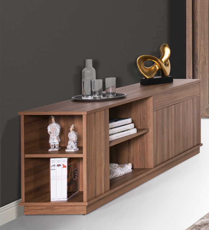 Side unit in walnut, with 2 doors and 1 drawer, with shelves.