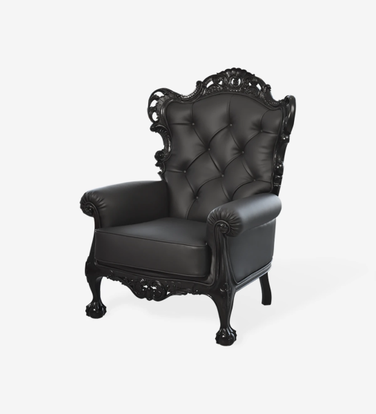 Upholstered in fabric, black lacquered structure.